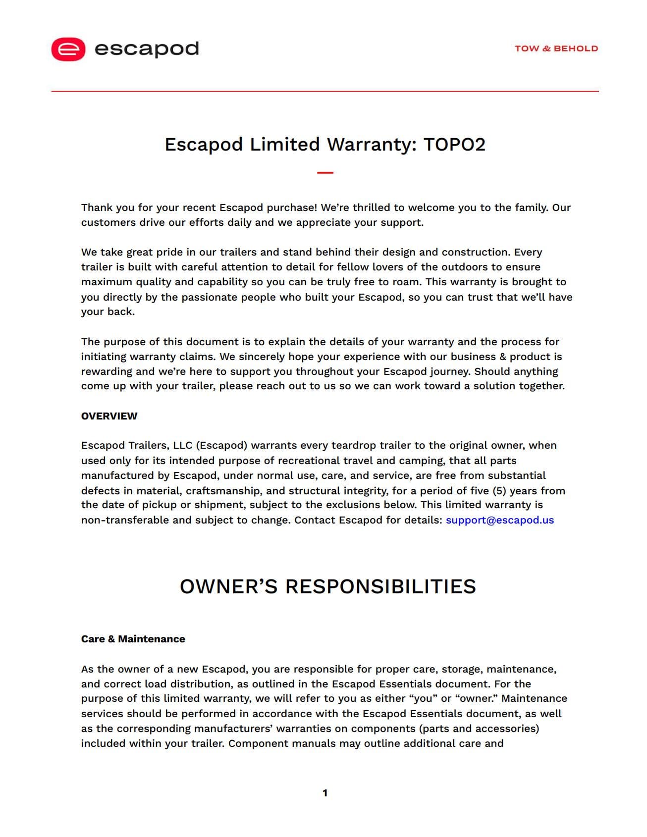 Screenshot of Escapod TOPO2 Limited Warranty